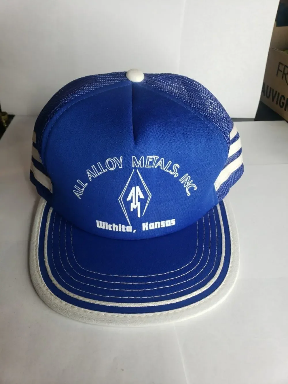 Vintage Three Stripe Trucker Hat USA Mesh 70s 80s Blue Metal SnapBack